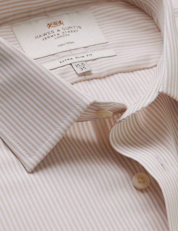 white dress shirt with brown stripes Non-Iron Cotton Stripe Dress Shirt With Contrast Trim