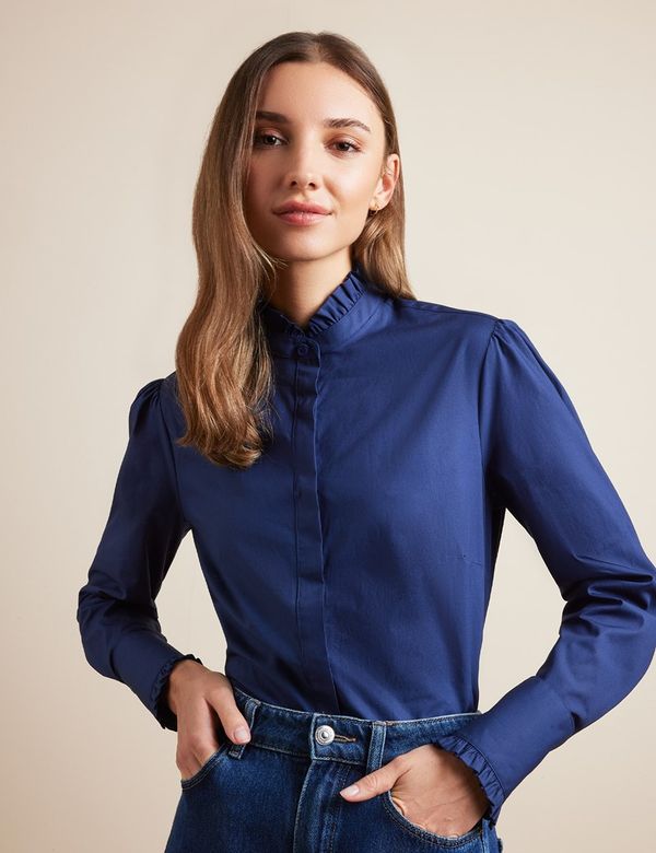 women's navy blue dress shirt Premium Navy Blue stretchy no-iron Dress Shirt