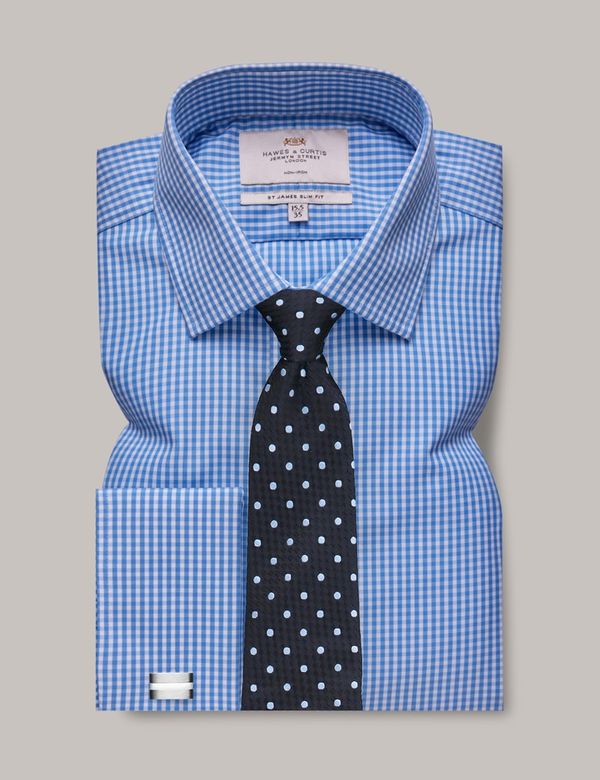 売れ筋アイテムラン Blue Non-Iron Men's & Cuff French - Shirt Slim Gingham White トップス
