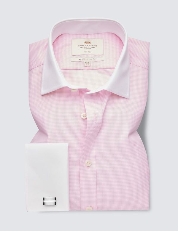 Non Iron Pink & White Dogstooth Slim Fit Shirt With White Non Iron Pink & White Dogstooth Slim Fit Shirt With White