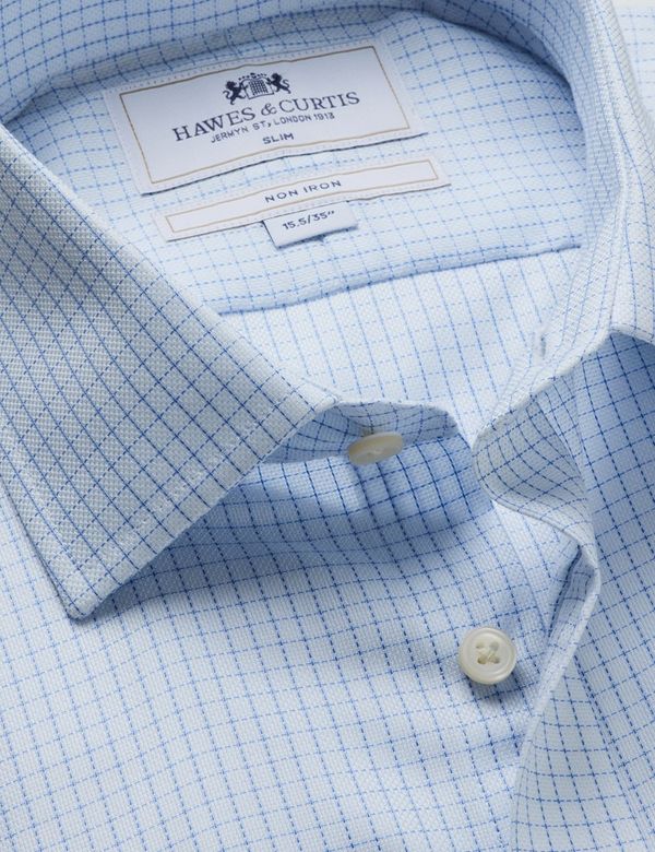 Men's Slim Fit Blue & White Mini Check Non-Iron Shirt | Hawes & Curtis
