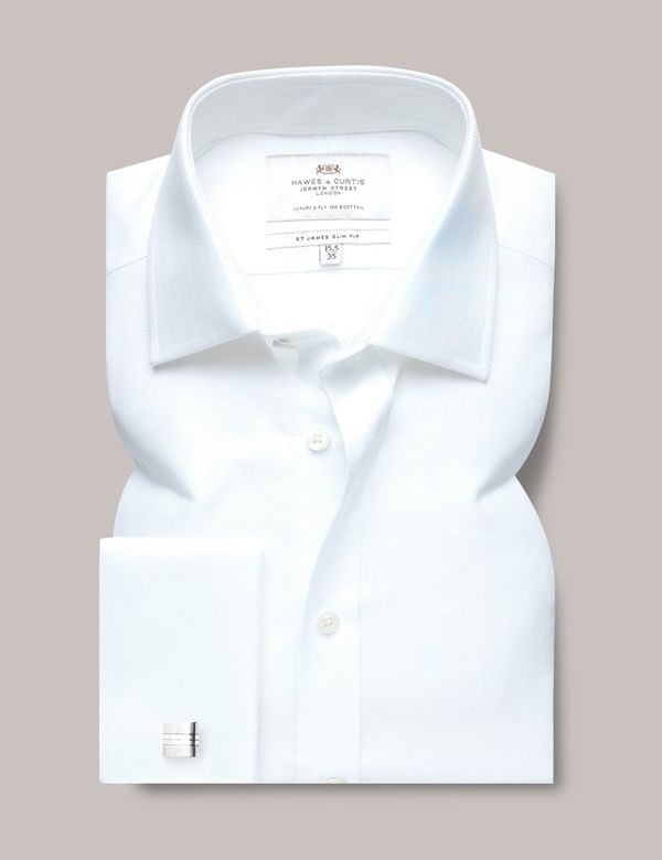 Men's White Herringbone Slim Shirt - Double Cuff