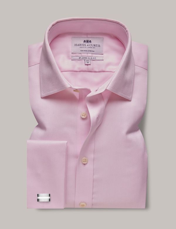 Men's Non-Iron Pink Herringbone Slim Stretch Shirt - Double Cuff