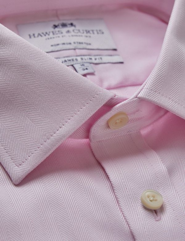 Men's Non-Iron Pink Herringbone Slim Stretch Shirt - Double Cuff