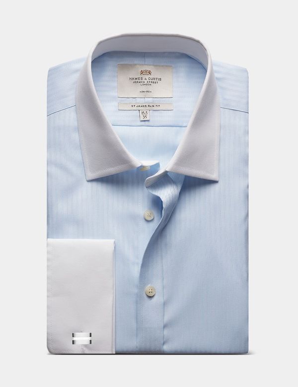 Men's Slim Fit Blue Herringbone Stripe Non-Iron Shirt | Hawes & Curtis