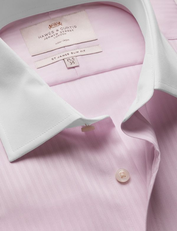 Men's Slim Fit Pink Herringbone Stripe Non-Iron Shirt - Contrast Detail |  Hawes & Curtis