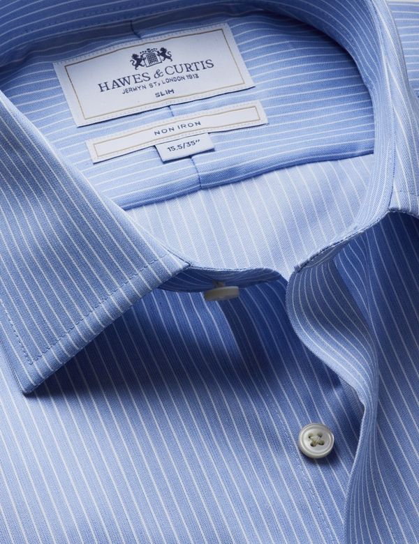 Men's Slim Fit Blue & White Bi Stripe Non-Iron Shirt | Hawes & Curtis