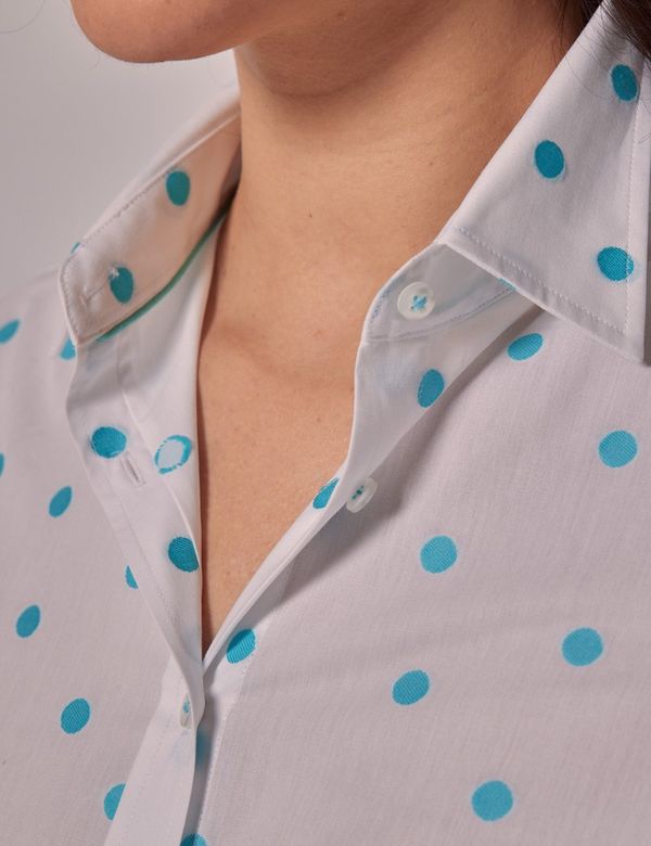 Women's White & Blue Dobby Spots Semi-Fitted Cotton Shirt Women's White & Blue Dobby Spots Semi-Fitted Cotton Shirt