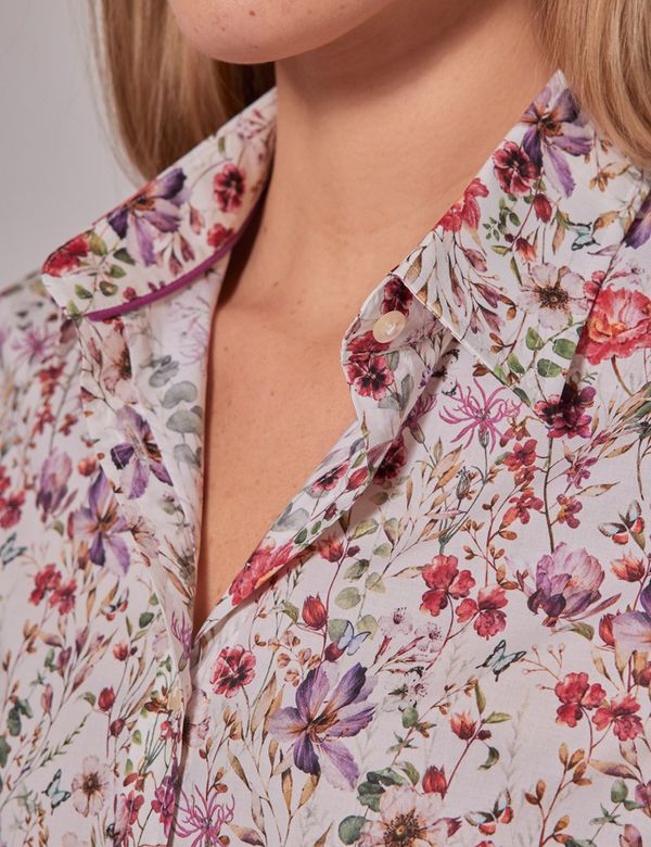 Women's Cream & Red Floral Semi-Fitted Cotton Shirt | Hawes