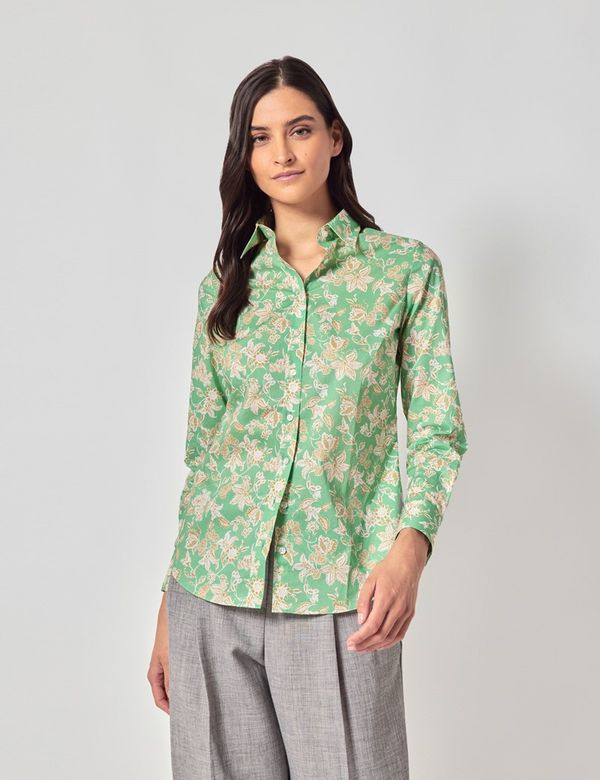 芸能人愛用のおすすめ最新情報 Women's Green & White Floral Cotton Semi-Fitted Shirt シャツ+ブラウス(半袖+袖なし)