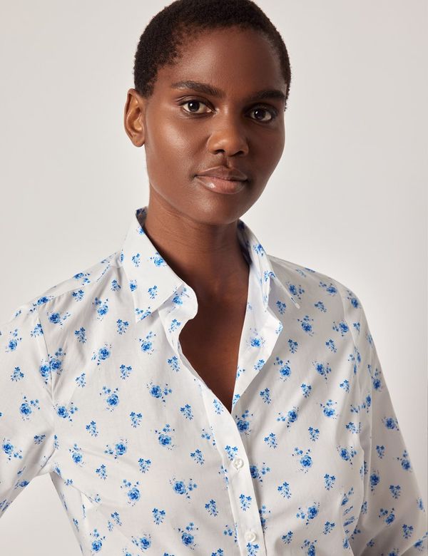 Women's White & Blue Rose Floral Cotton Semi-Fitted Shirt | Hawes
