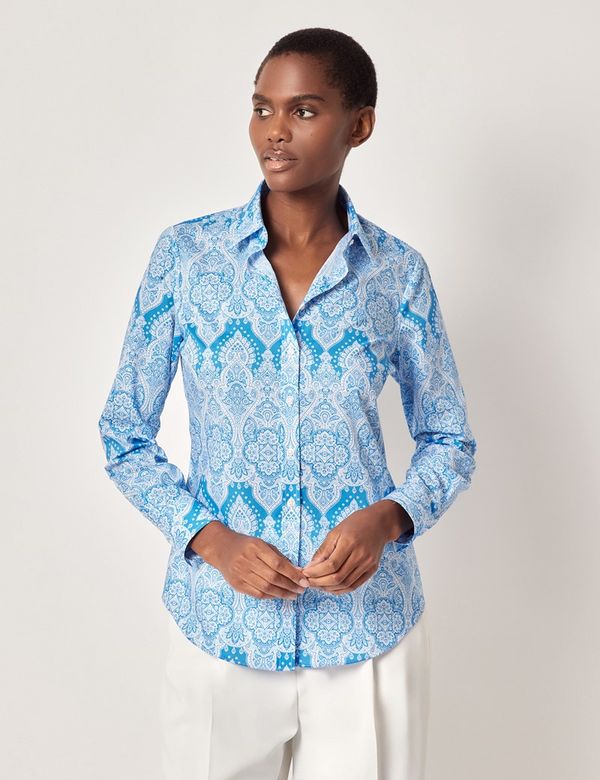 Women's Blue & White Two Tone Paisley Cotton Semi-Fitted