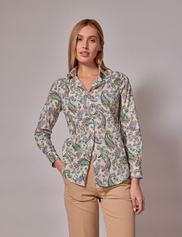 Women's Cream & Green Paisley Cotton Stretch Semi-Fitted