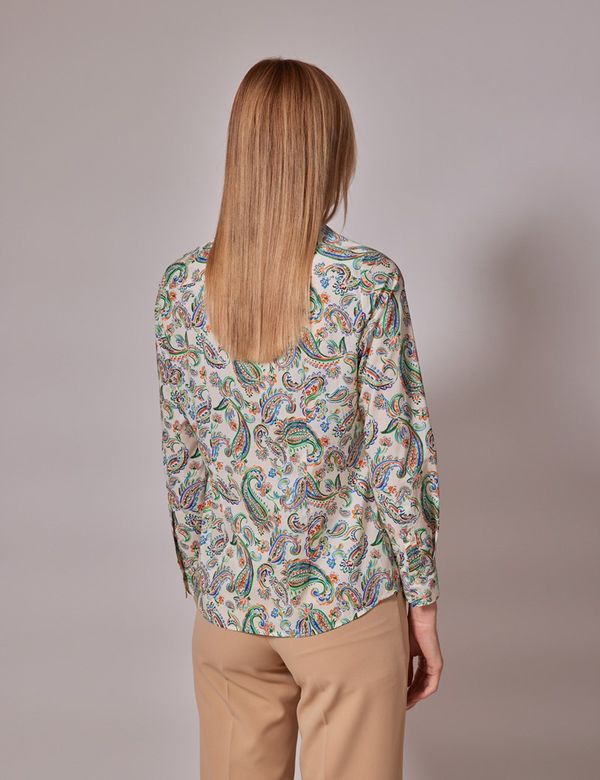 Women's Cream & Green Paisley Cotton Stretch Semi-Fitted