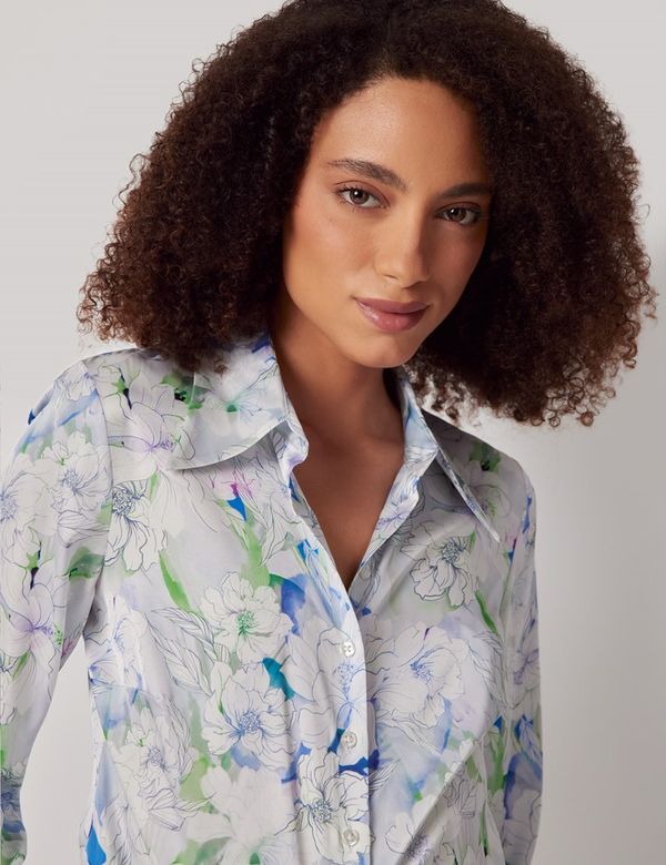 green floral dress shirt Hawes & Curtis Semi-Fitted White & | White/Green | Satin Shadow Twigs