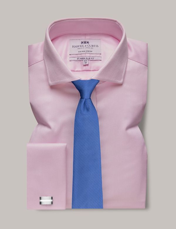 Men's Non-Iron Pink Herringbone Slim Stretch Shirt - Windsor Collar -  French Cuff