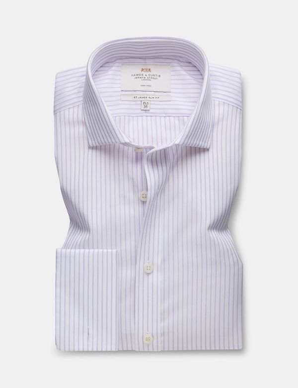 【IONSEOUL】Lewen Striped Collar Knit 4JH431 Men's Non-Iron Lilac & White Stripe Slim Fit Shirt - Windsor