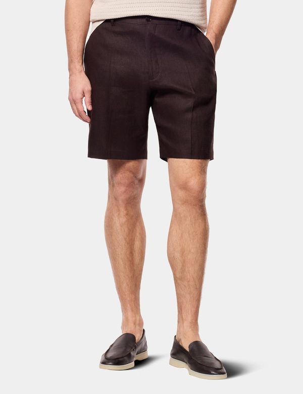 mens brown dress shorts Hawes & Curtis Chocolate Linen | Plain Finish:Silver