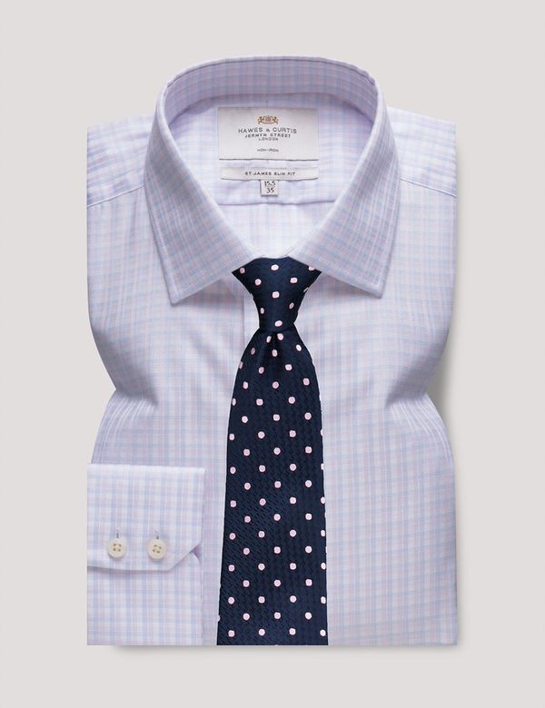 シャツ IONSEOUL small check retro half SHIRT Men's Non-Iron Pink & Blue Check Slim Shirt | Hawes and Curtis