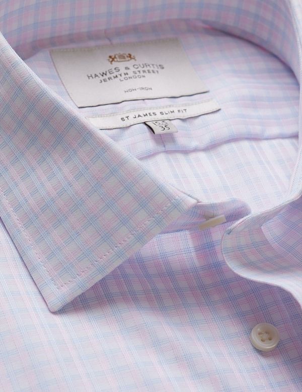 シャツ IONSEOUL small check retro half SHIRT Men's Non-Iron Pink & Blue Check Slim Shirt | Hawes and Curtis