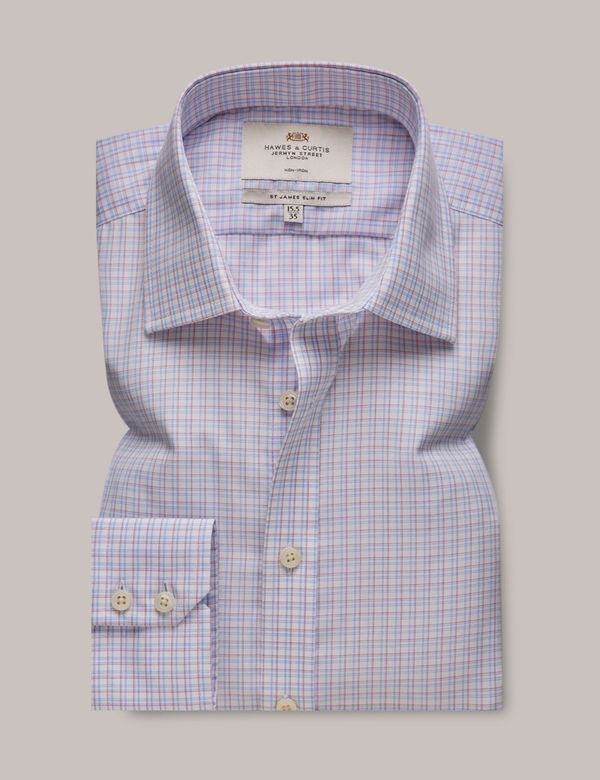 Men's Non-Iron Red & Blue Grid Check Slim Shirt | Hawes and Curtis