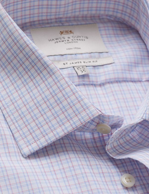 Men's Non-Iron Red & Blue Grid Check Slim Shirt | Hawes and Curtis