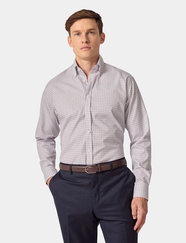 Slim Fit Navy Red Check Pin Point Non-Iron Oxford Shirt - Main Image