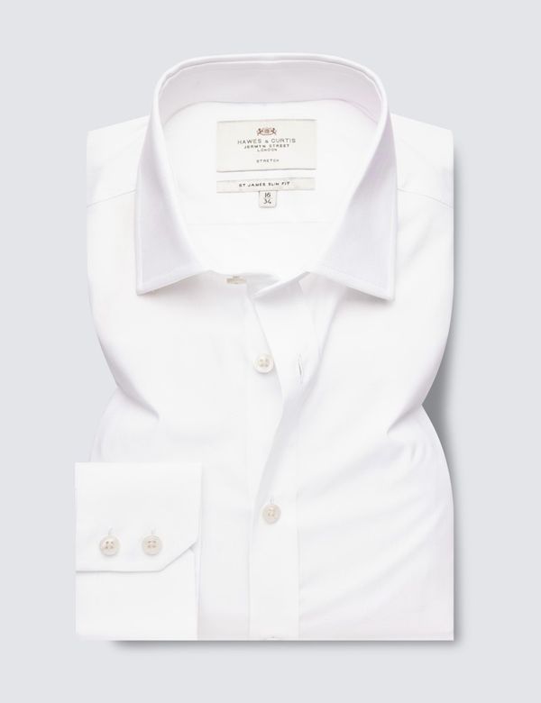 SACRA◆SUPERIOR COTTON POPLIN SHIRT/38/コットン/WHT/無地/124118071 White Slim Fit Cotton Stretch Shirt - Single Cuffs | Hawes