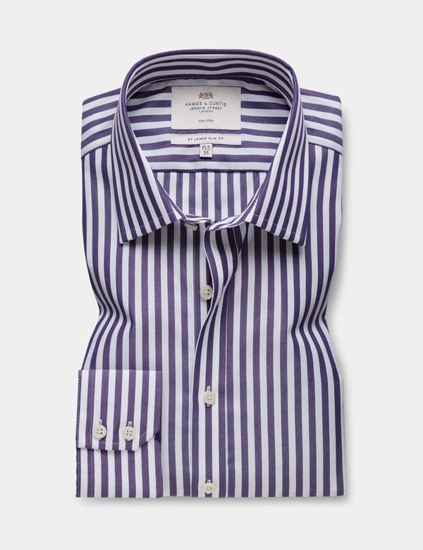 Men's Non-Iron Purple & White Bold Stripe Slim Shirt | Hawes