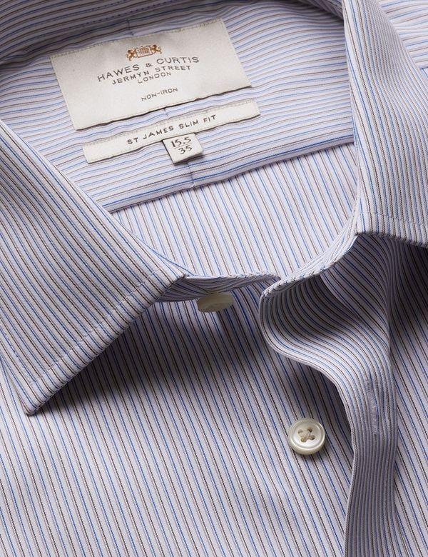 Slim Fit Brown & Blue Stripe Non-Iron Shirt