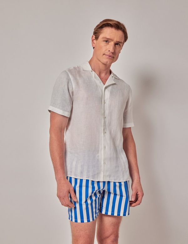 Men's White Athleisure Relaxed Fit Shorts with Blue Rib