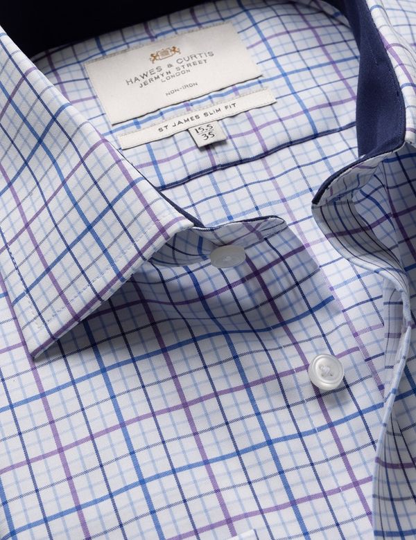 Slim Fit Purple & White Check Non-Iron Shirt - Contrast Detail