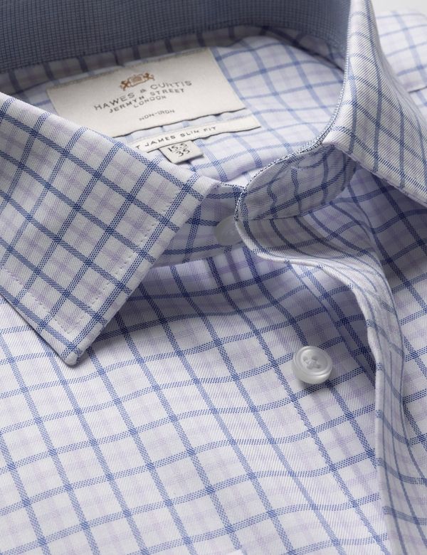 Slim Fit Navy & Lilac Check Non-Iron Shirt - Contrast Detail