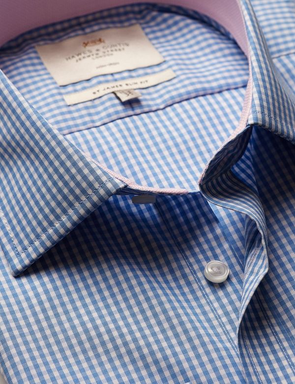 Slim Fit Blue & White Check Non-Iron Shirt - Contrast Detail