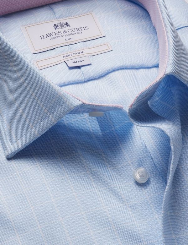 Slim Fit Blue & White Grid Check Non-Iron Shirt - Contrast Detail