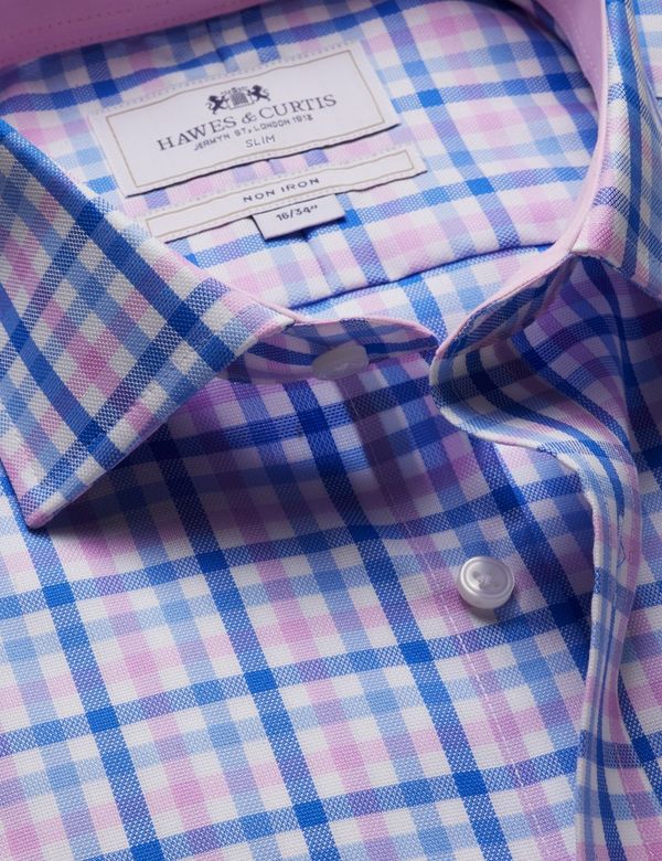 Men's Slim Fit Blue & Pink Multi Check Non-Iron Shirt - Contrast Detail |  Hawes & Curtis