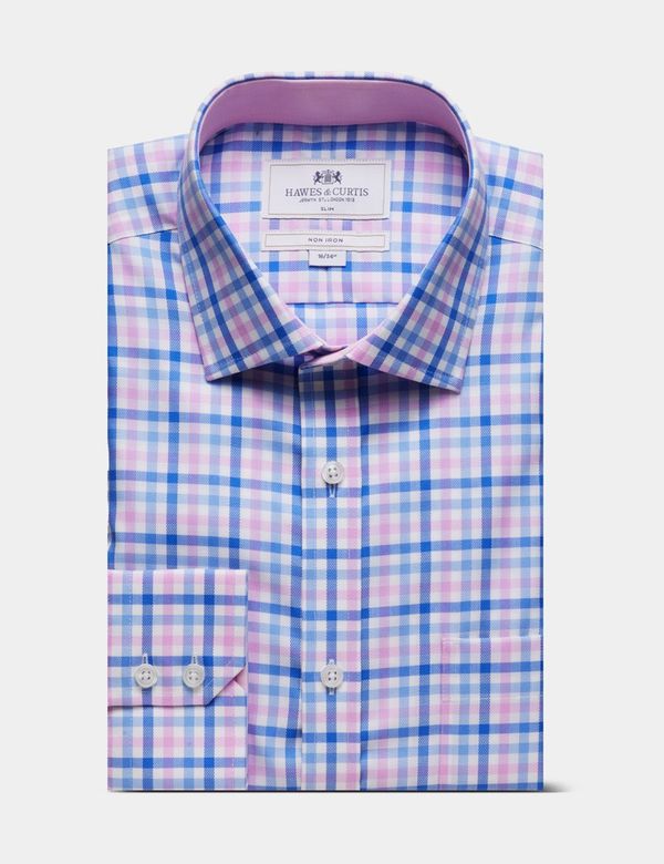 Men's Slim Fit Blue & Pink Multi Check Non-Iron Shirt - Contrast Detail | Hawes & Curtis Men's Slim Fit Blue & Pink Multi Check Non-Iron Shirt - Contrast Detail | Hawes & Curtis