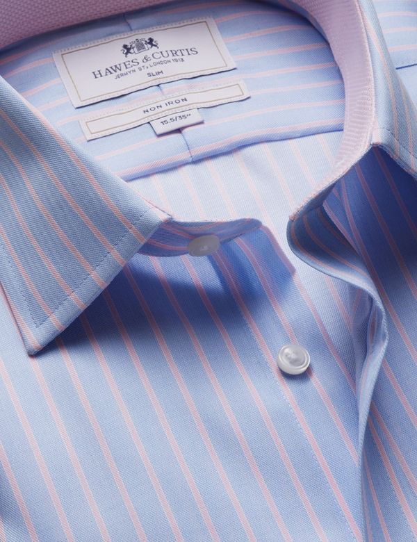 Slim Fit Blue & Pink Butcher Stripe Non-Iron Shirt - Contrast Detail