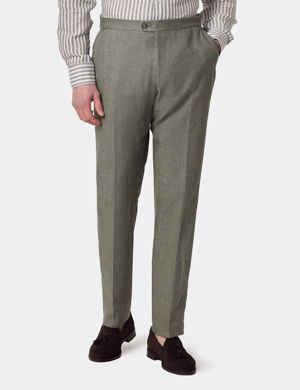 Slim Fit Sage Green Herringbone 1913 Linen Suit Trousers With Side Adjusters