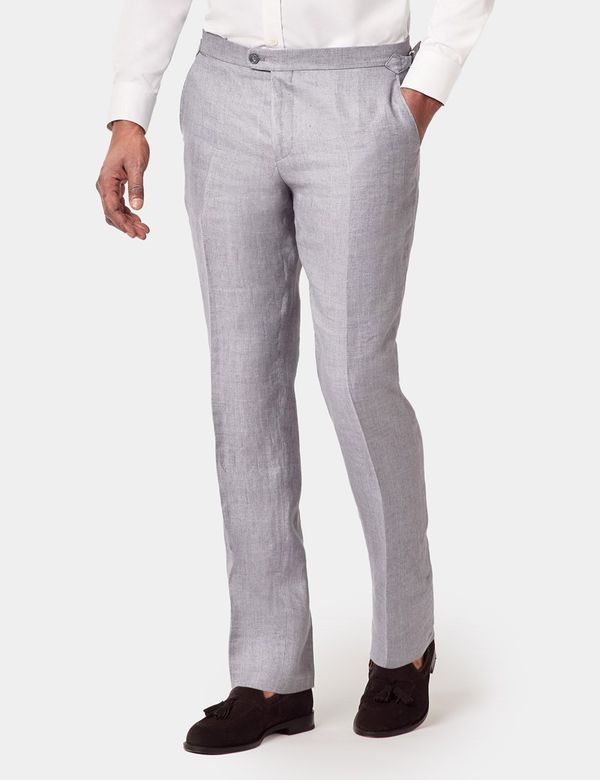Men's Mid Grey Twill Linen Slim Suit Pants With Side