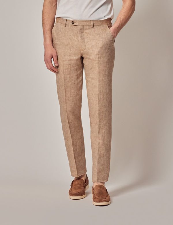Men's Beige Herringbone Tailored Linen Italian Hemmed Pants  1913  Collection | Hawes and Curtis