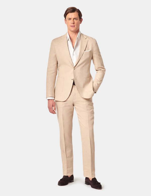 Men's Beige Cotton Linen Slim Suit Trousers Hawes Curtis