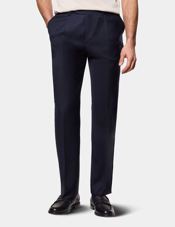 Regular Fit Navy Twill Pleated Trousers