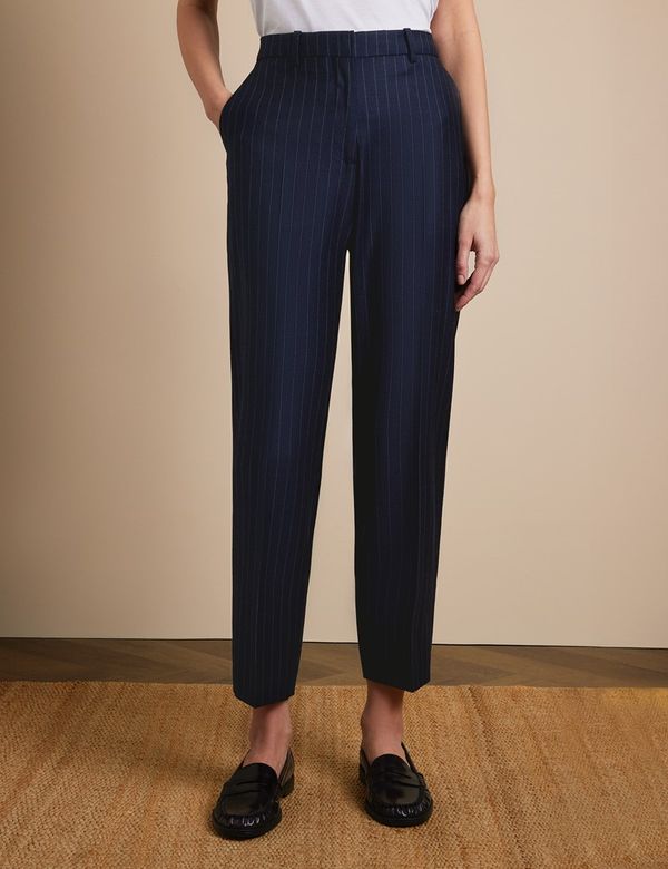 Women's Slim Fit Navy Chalk Stripe Tapered Trousers | Hawes and Curtis