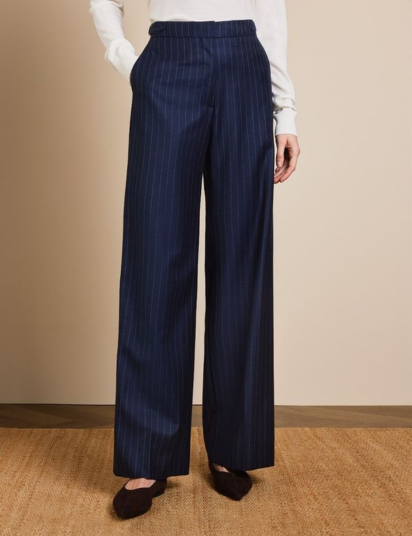 【TR SLACKS】(CHALK STRIPE) Women's Navy Chalk Stripe Wide Leg Trousers| Hawes and Curtis