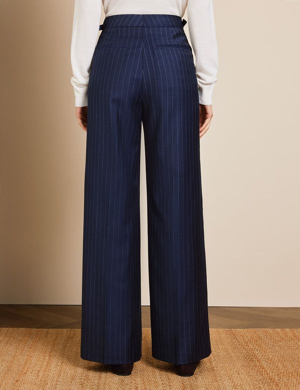 Women's Navy Chalk Stripe Wide Leg Trousers| Hawes and Curtis