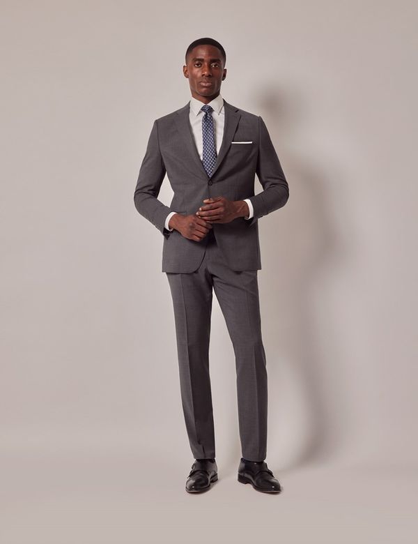 Men's Dark Grey Stretch Wool Slim Suit Pants| Hawes and Curtis