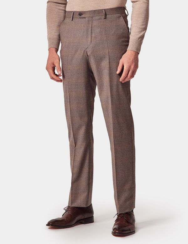 Men's Brown Check Italian Flannel Wool Tailored Fit Suit Pants