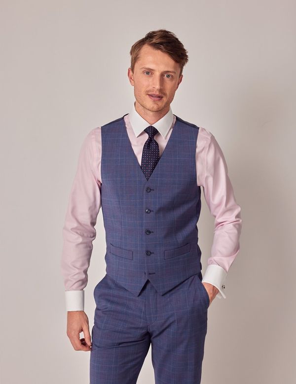 Men's Blue Pink Contrast Prince Of Wales Check Tailored Fit