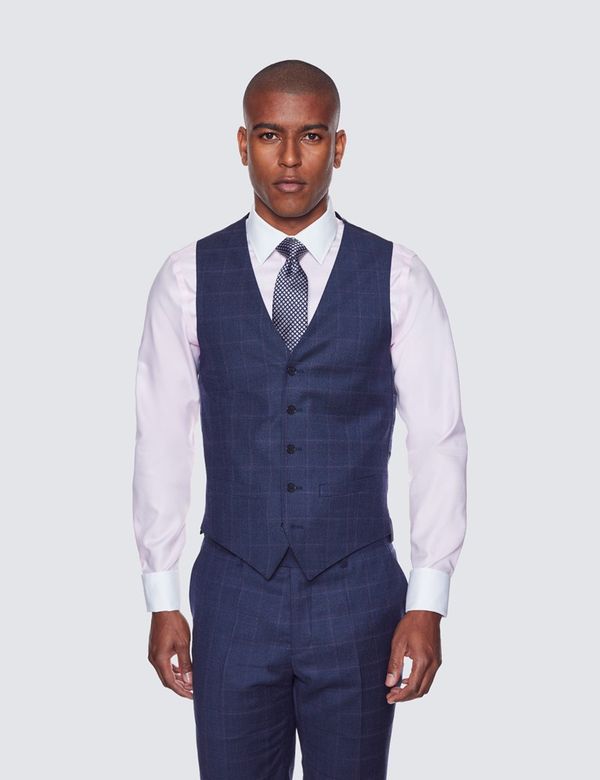 PWA two-face quilted vest ネイビーパープル Men's Blue & Purple Windowpane Plaid Slim Fit Waistcoat | Hawes